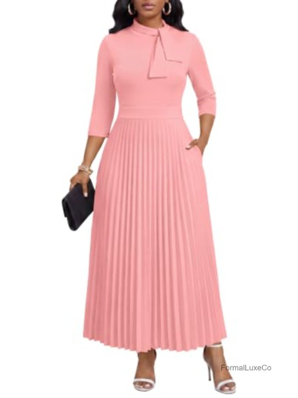 Pleated A-Line Maxi Dress with Bow Tie Collar 3/4 Sleeve
